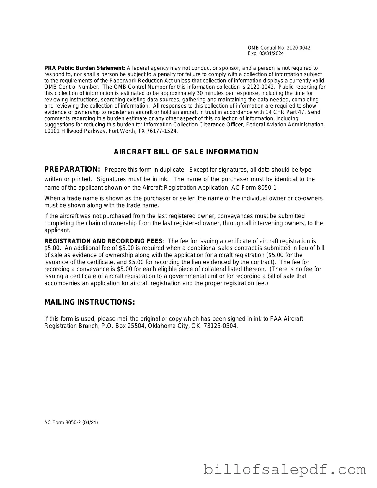 Free Aircraft Bill of Sale AC 8050-2 Template