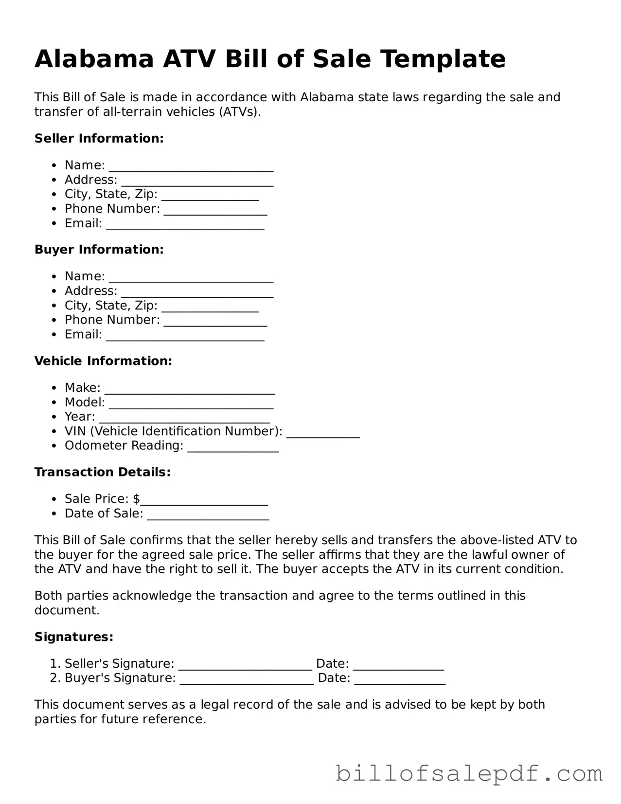 Legal Alabama ATV Bill of Sale Form