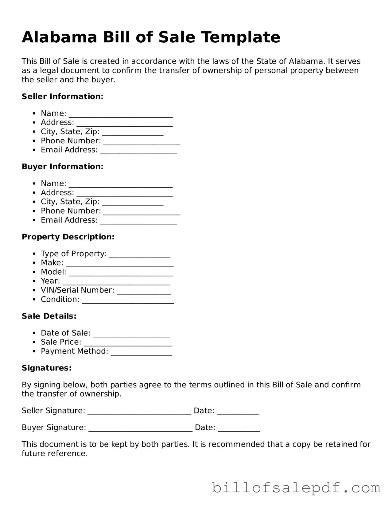 Legal Alabama Bill of Sale Form