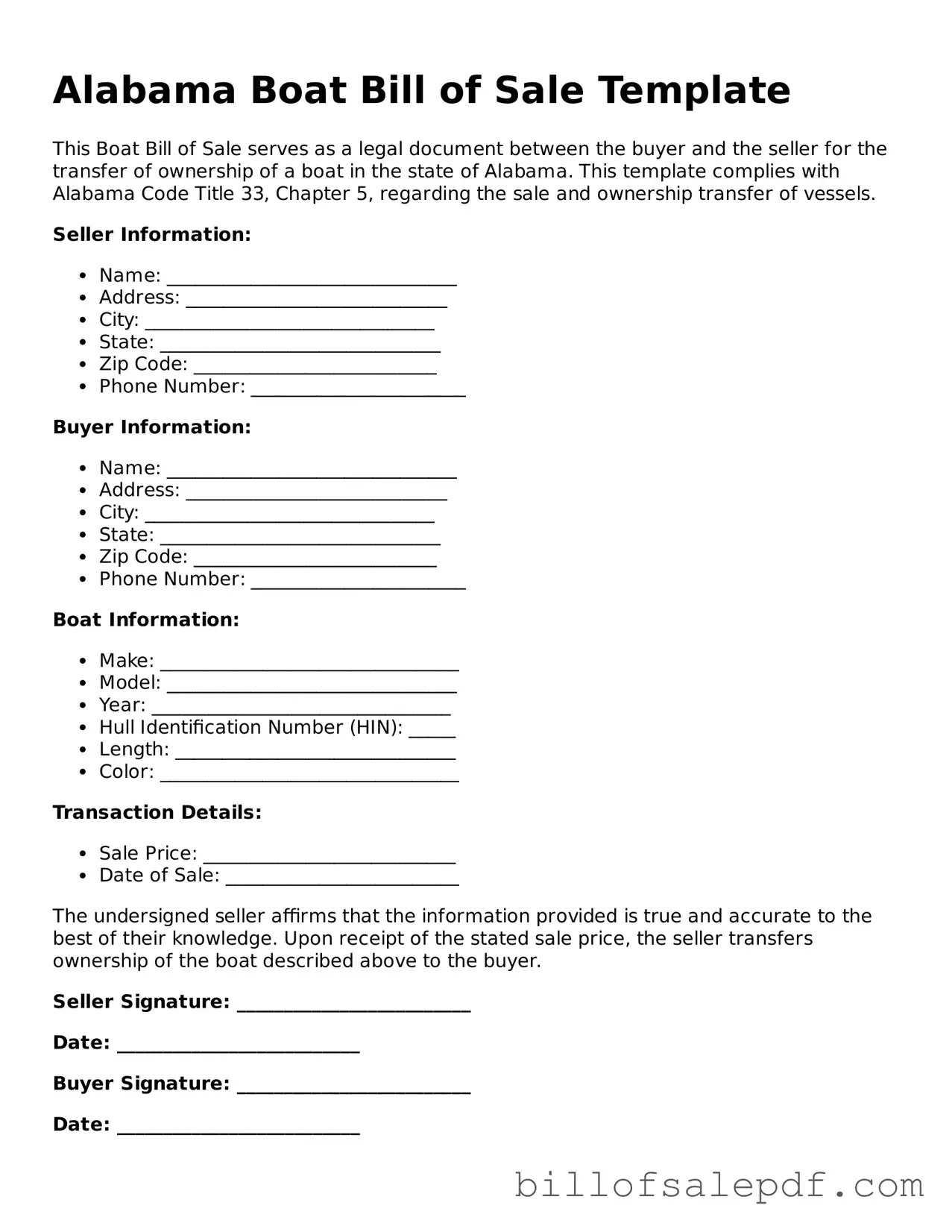 Legal Alabama Boat Bill of Sale Form