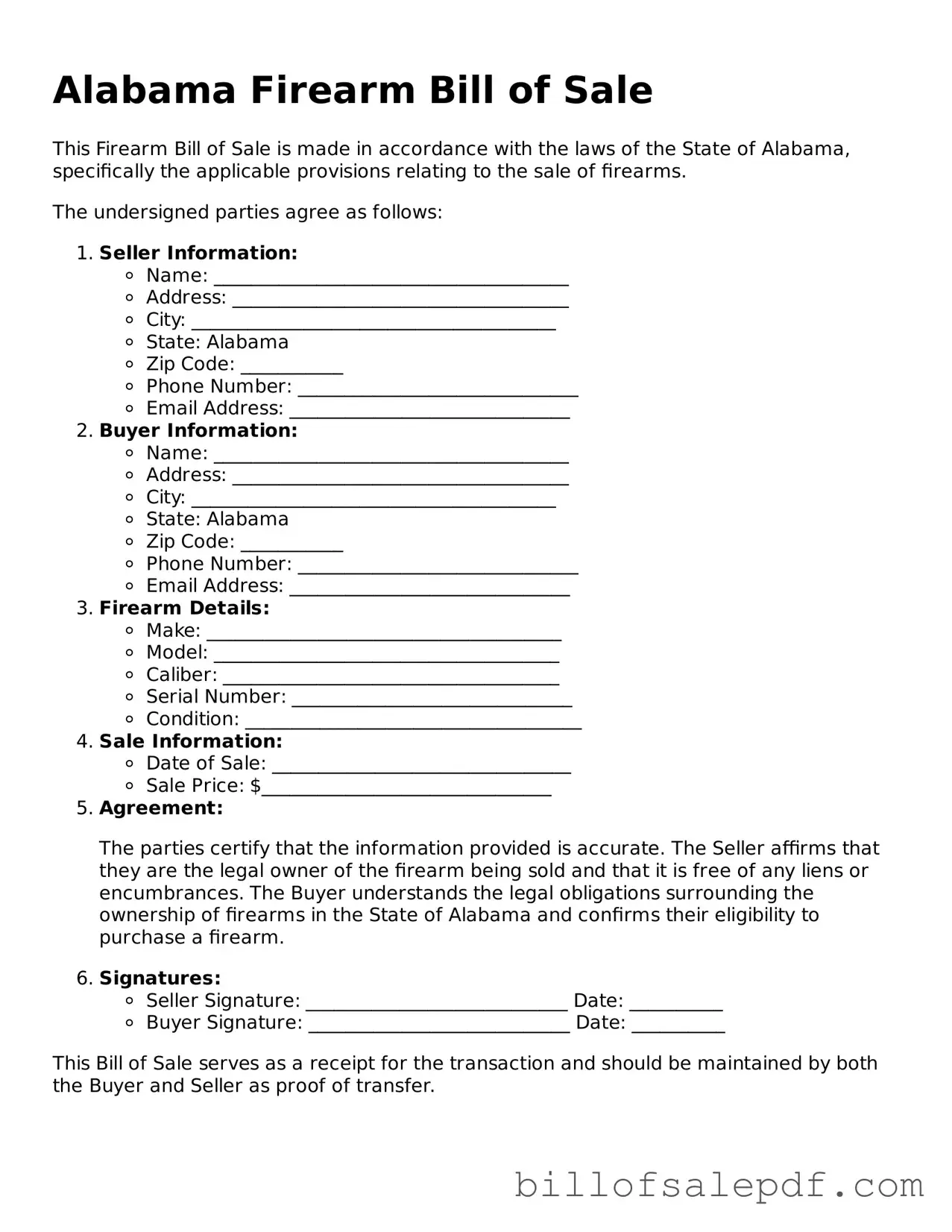 Legal Alabama Firearm Bill of Sale Form