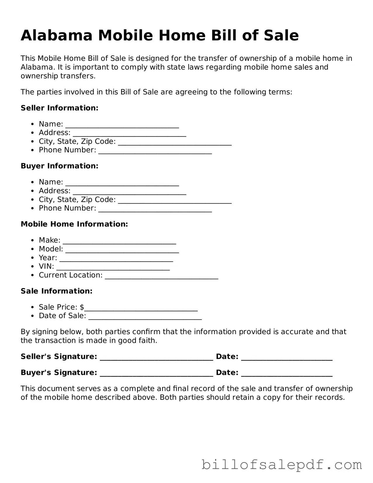 Legal Alabama Mobile Home Bill of Sale Form