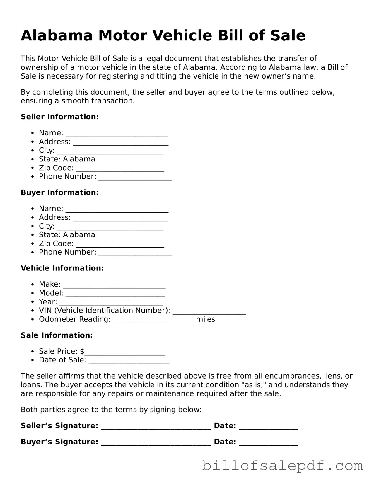 Legal Alabama Motor Vehicle Bill of Sale Form