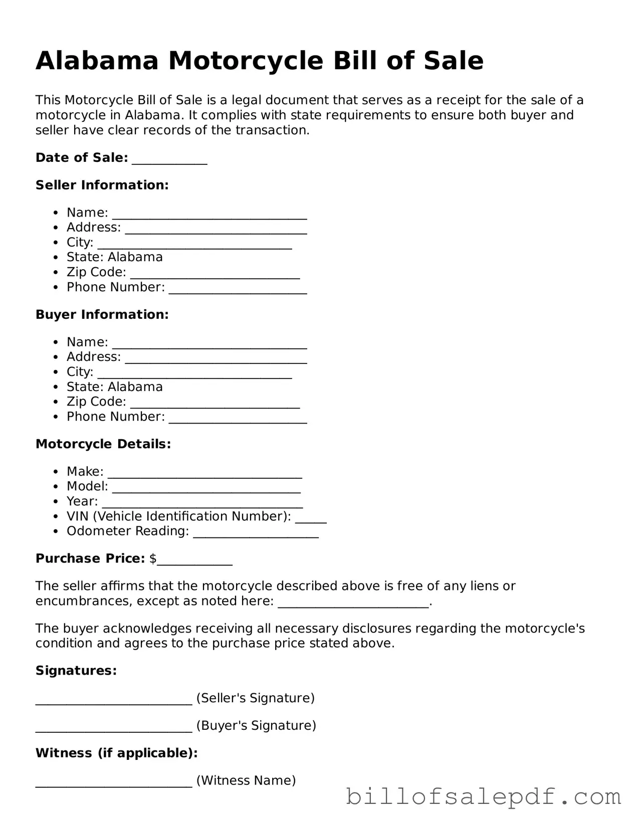 Legal Alabama Motorcycle Bill of Sale Form