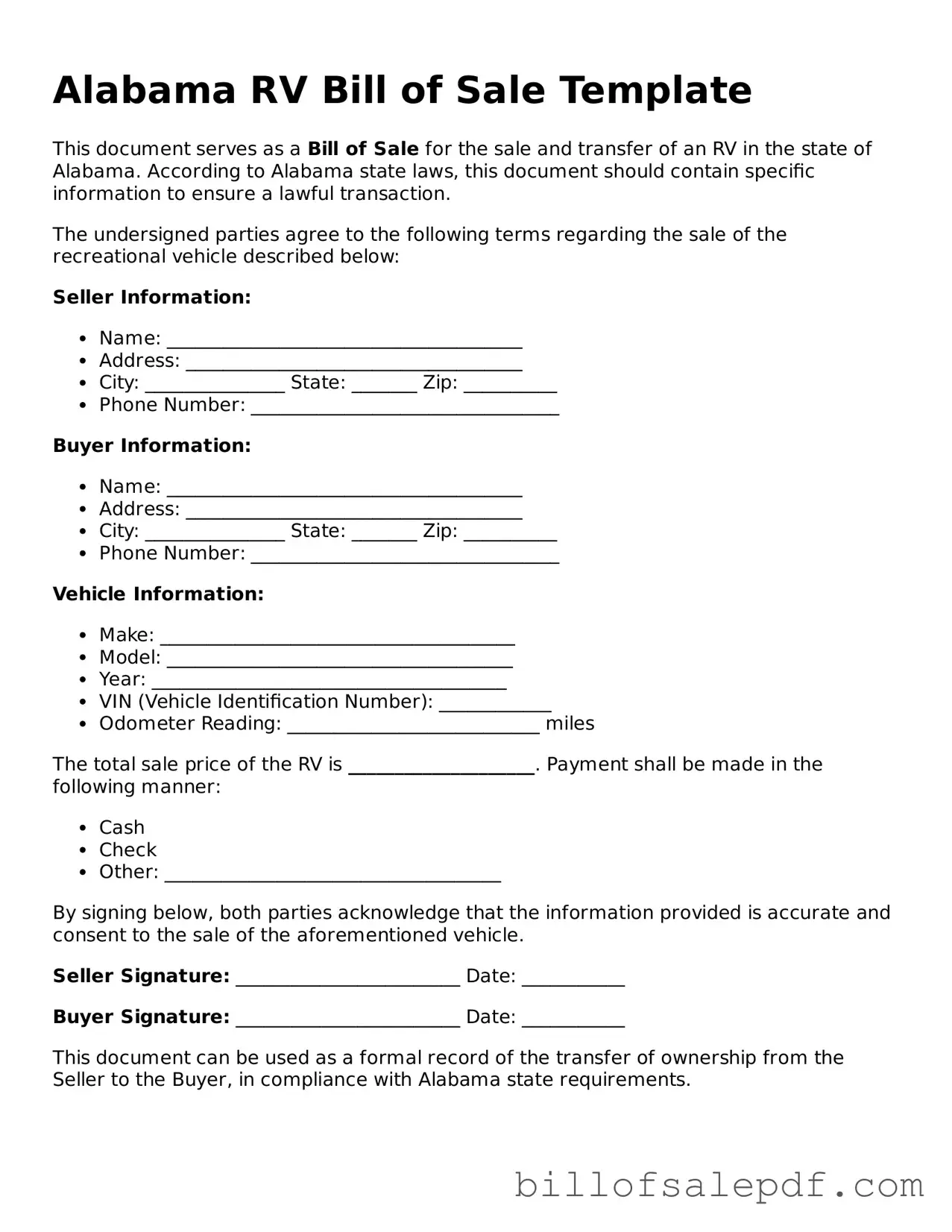 Legal Alabama RV Bill of Sale Form
