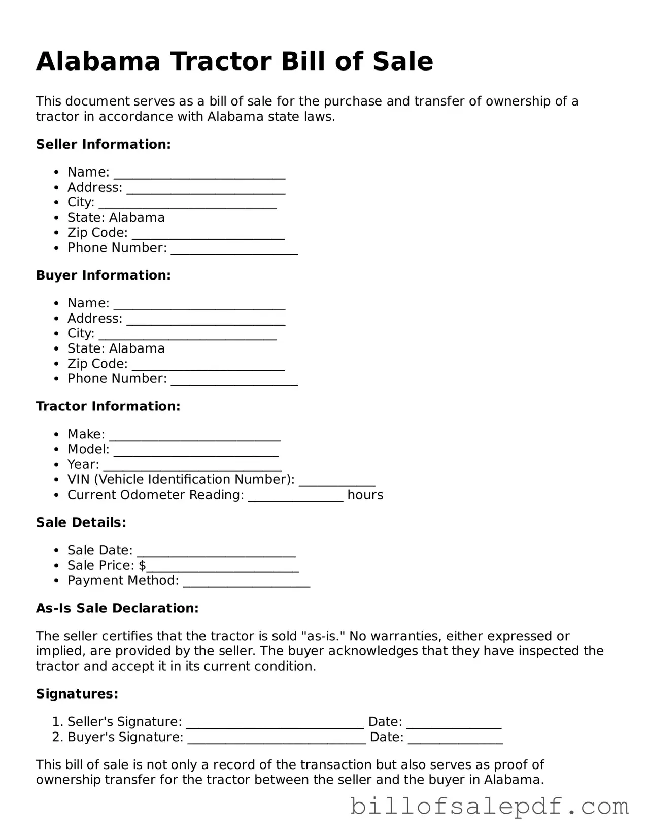 Legal Alabama Tractor Bill of Sale Form