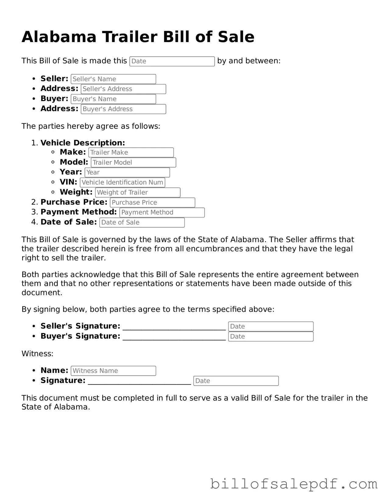 Legal Alabama Trailer Bill of Sale Form