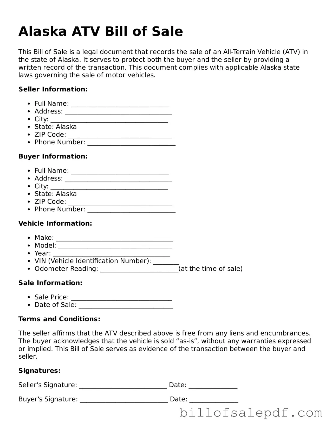 Legal Alaska ATV Bill of Sale Form