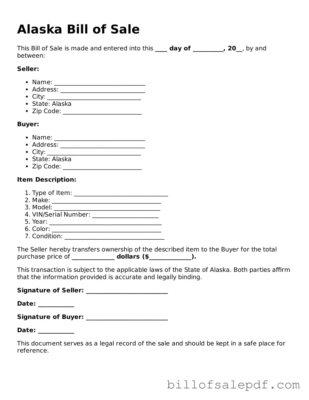 Legal Alaska Bill of Sale Form