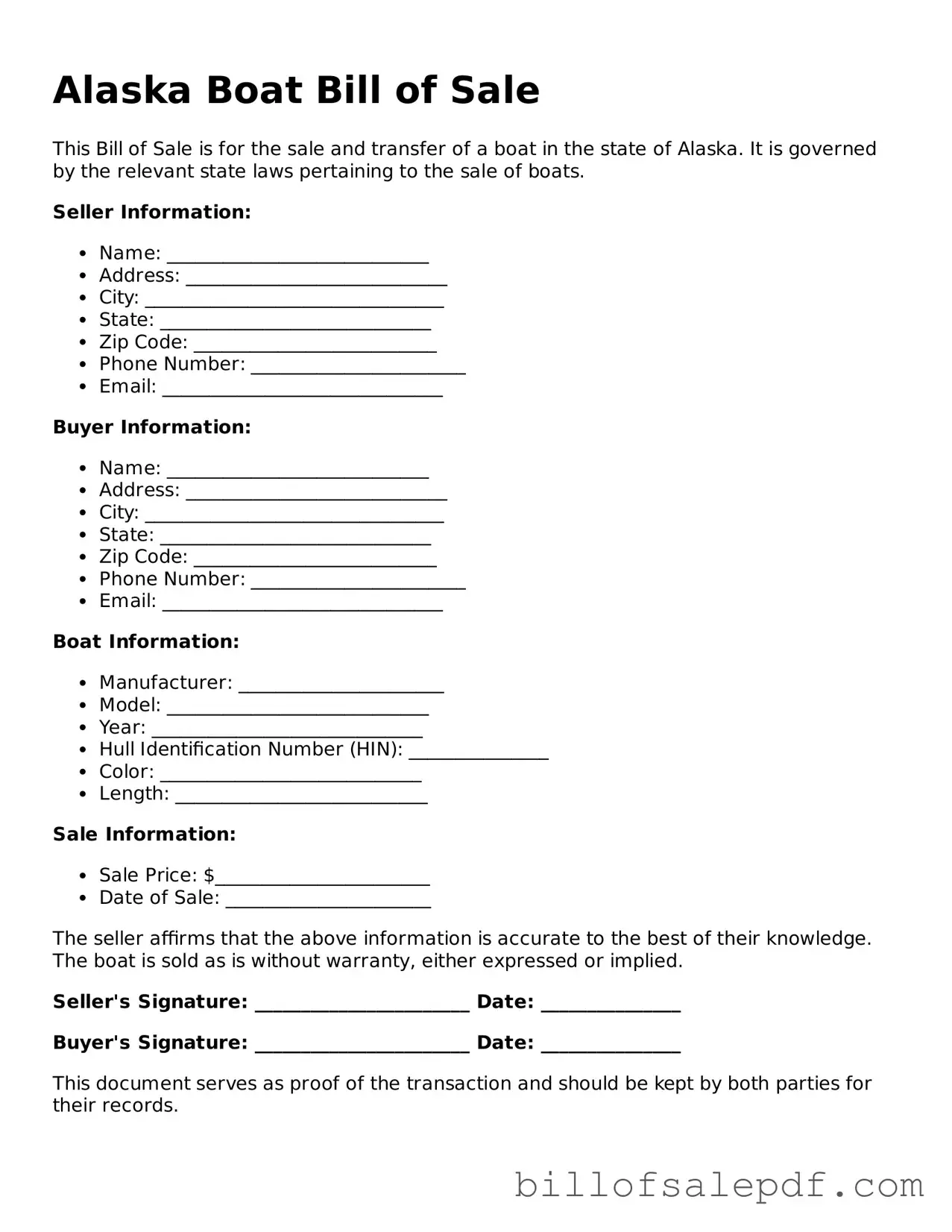 Legal Alaska Boat Bill of Sale Form
