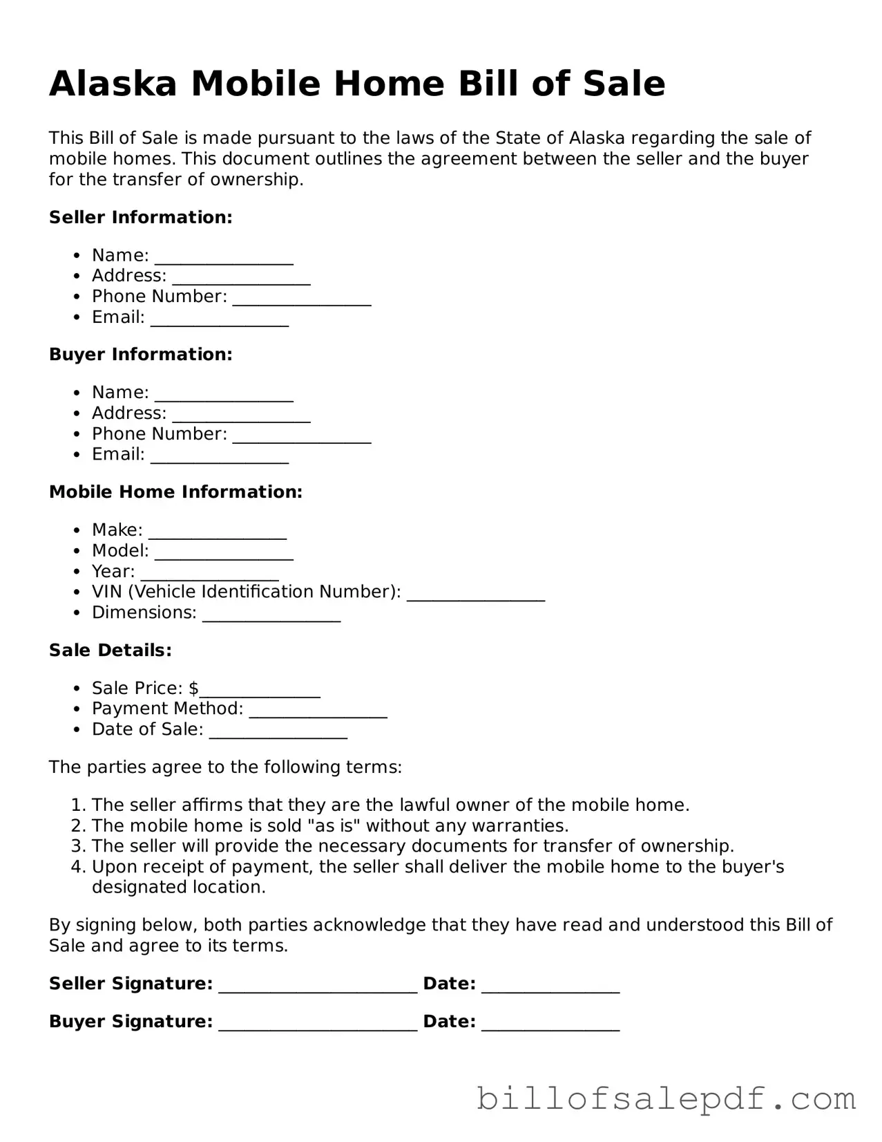 Legal Alaska Mobile Home Bill of Sale Form