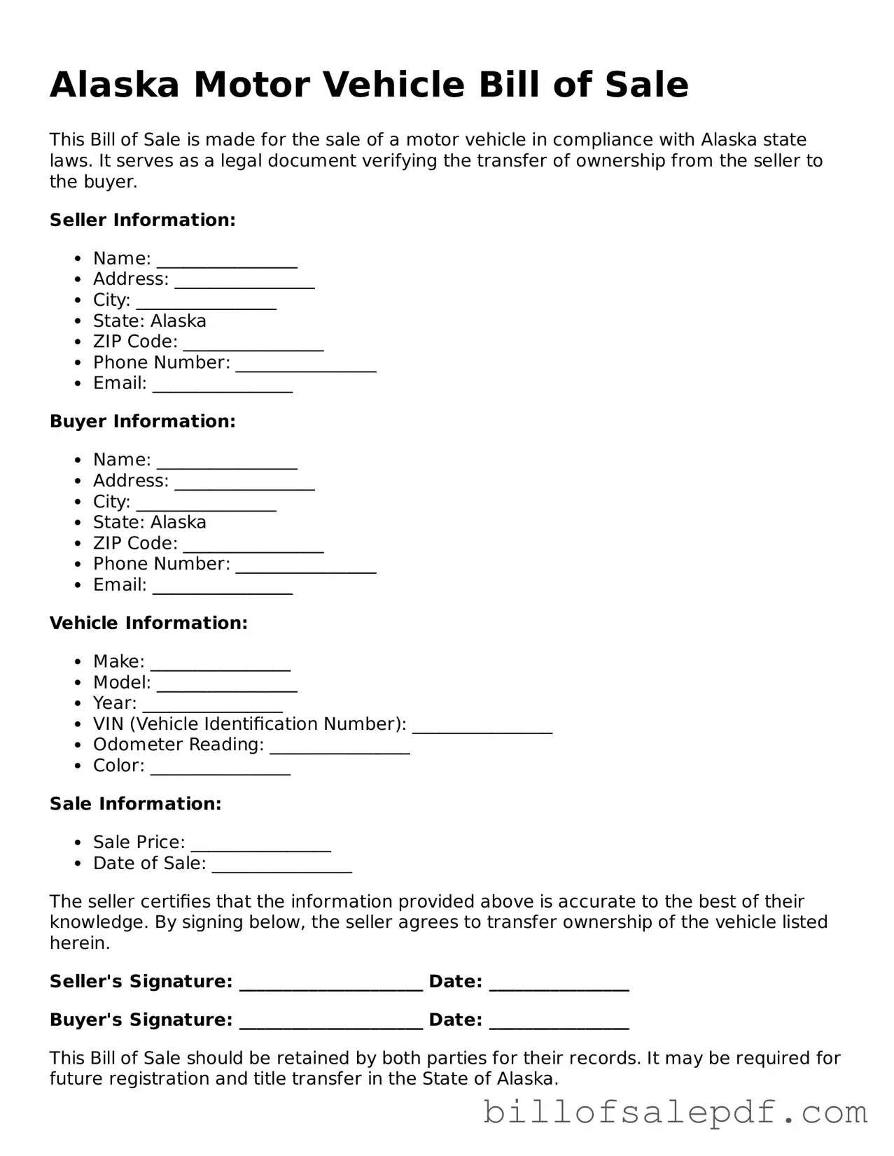 Legal Alaska Motor Vehicle Bill of Sale Form