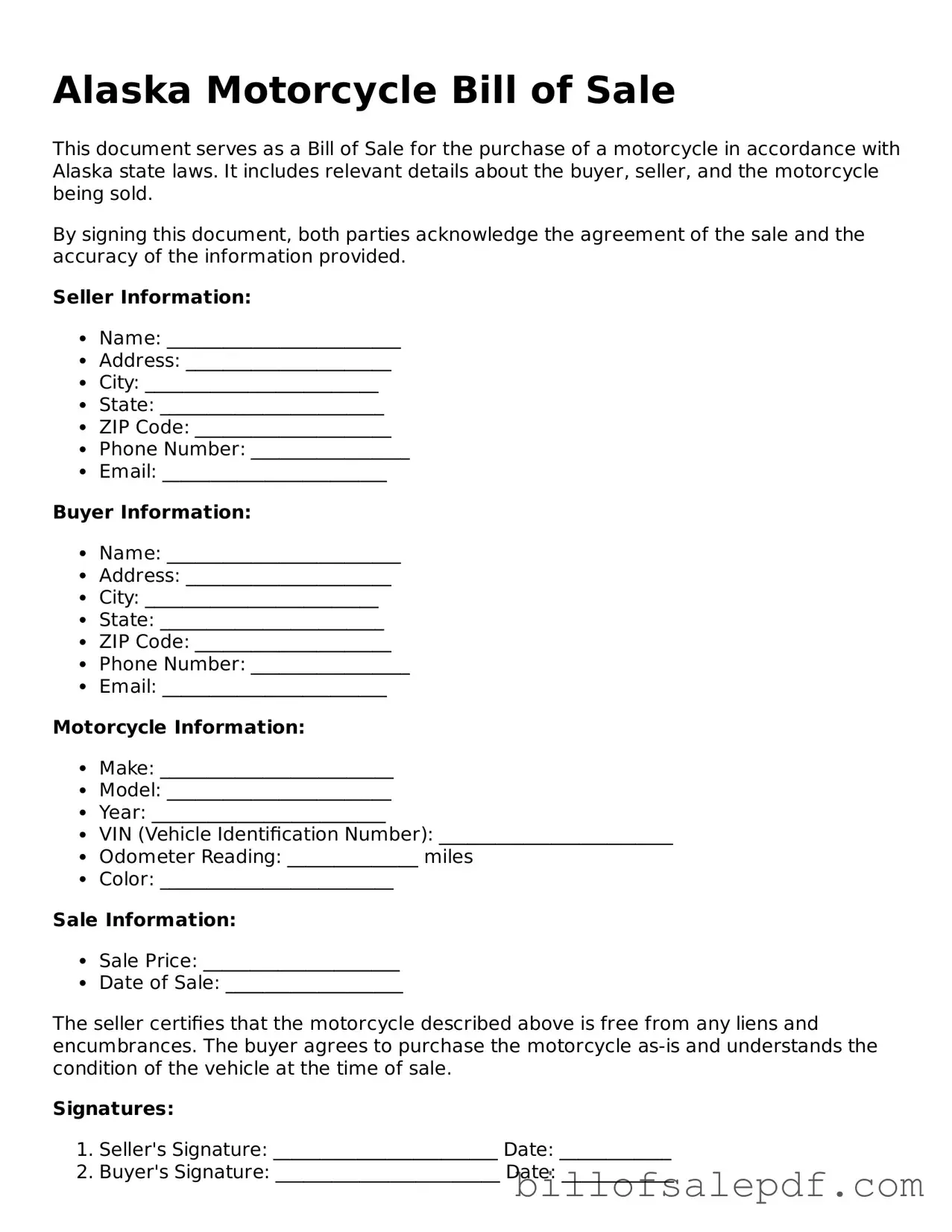 Legal Alaska Motorcycle Bill of Sale Form