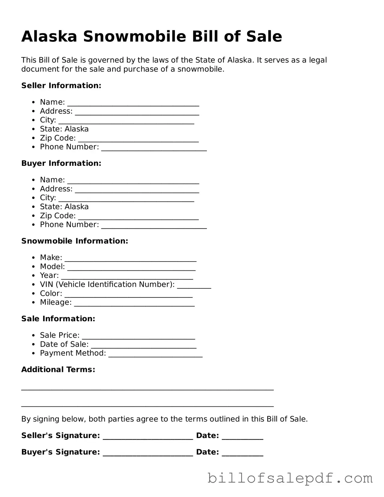 Legal Alaska Snowmobile Bill of Sale Form