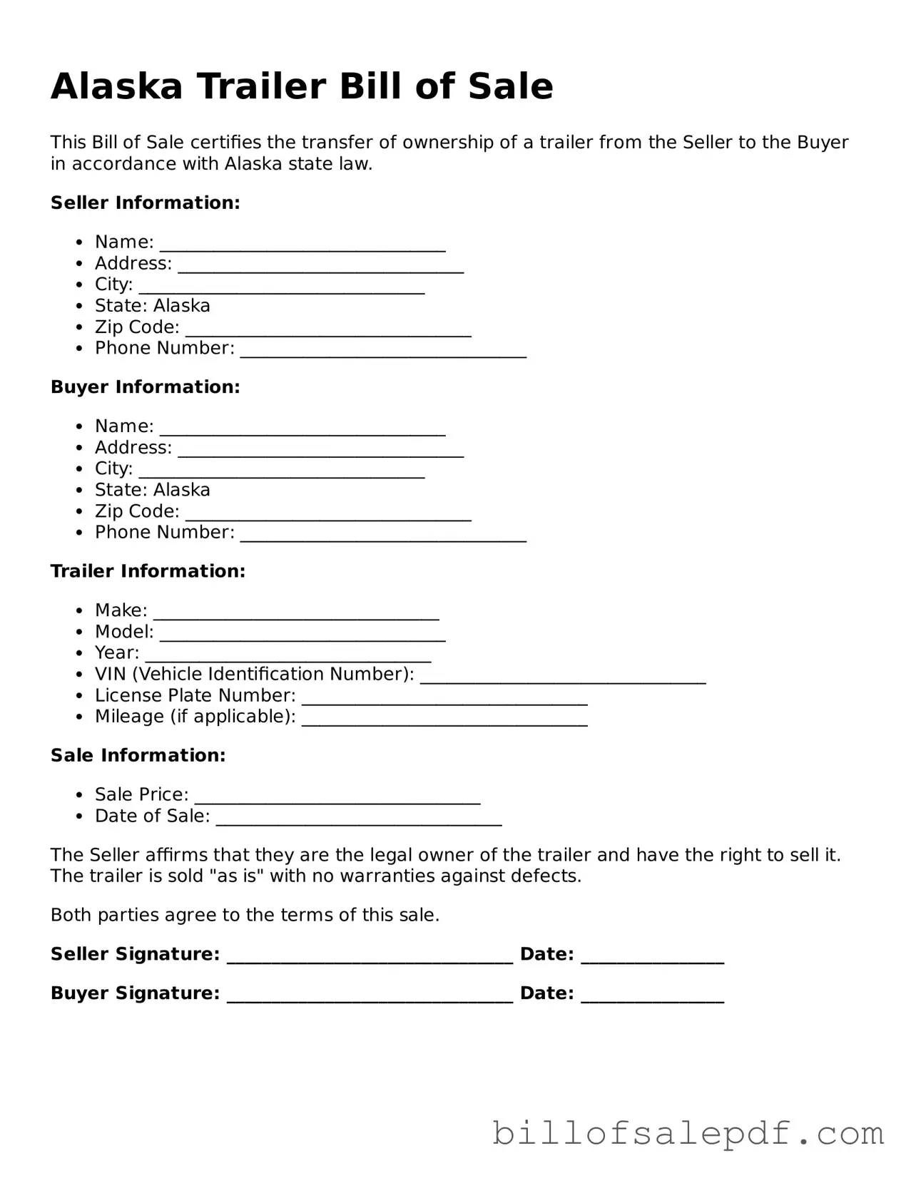 Legal Alaska Trailer Bill of Sale Form
