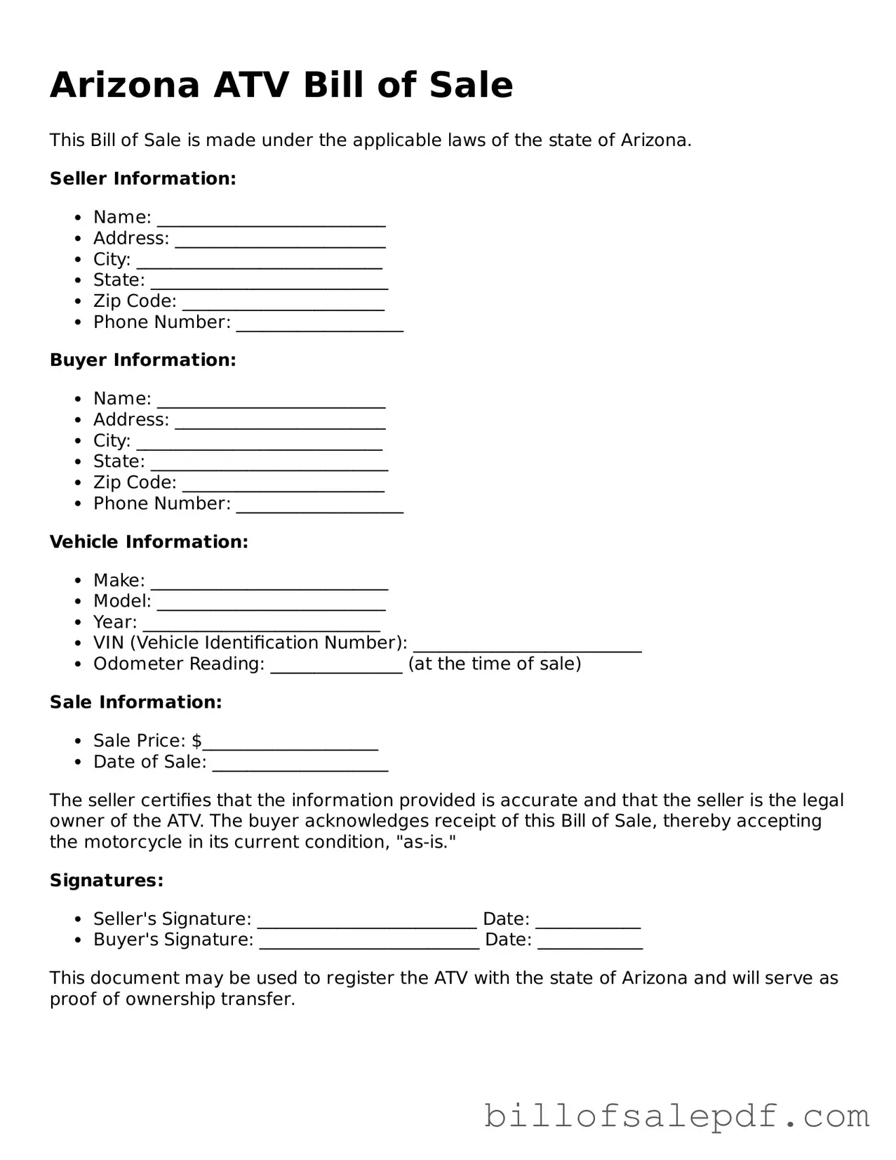 Legal Arizona ATV Bill of Sale Form