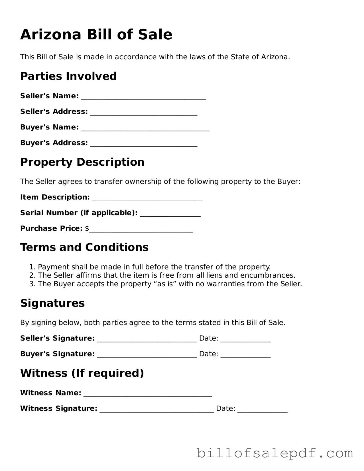 Legal Arizona Bill of Sale Form