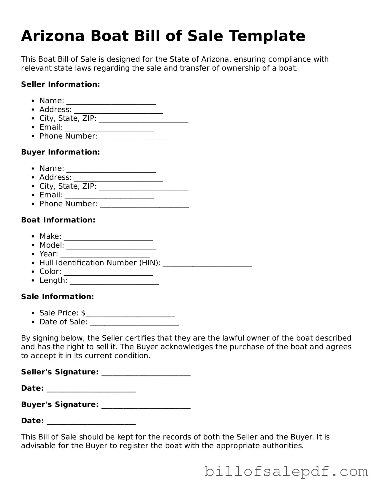 Legal Arizona Boat Bill of Sale Form
