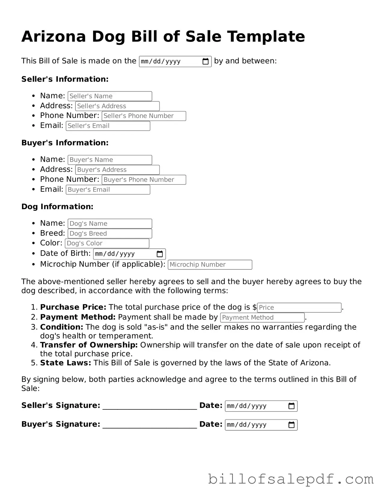 Legal Arizona Dog Bill of Sale Form