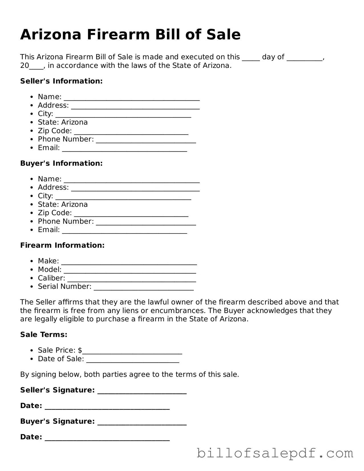 Legal Arizona Firearm Bill of Sale Form