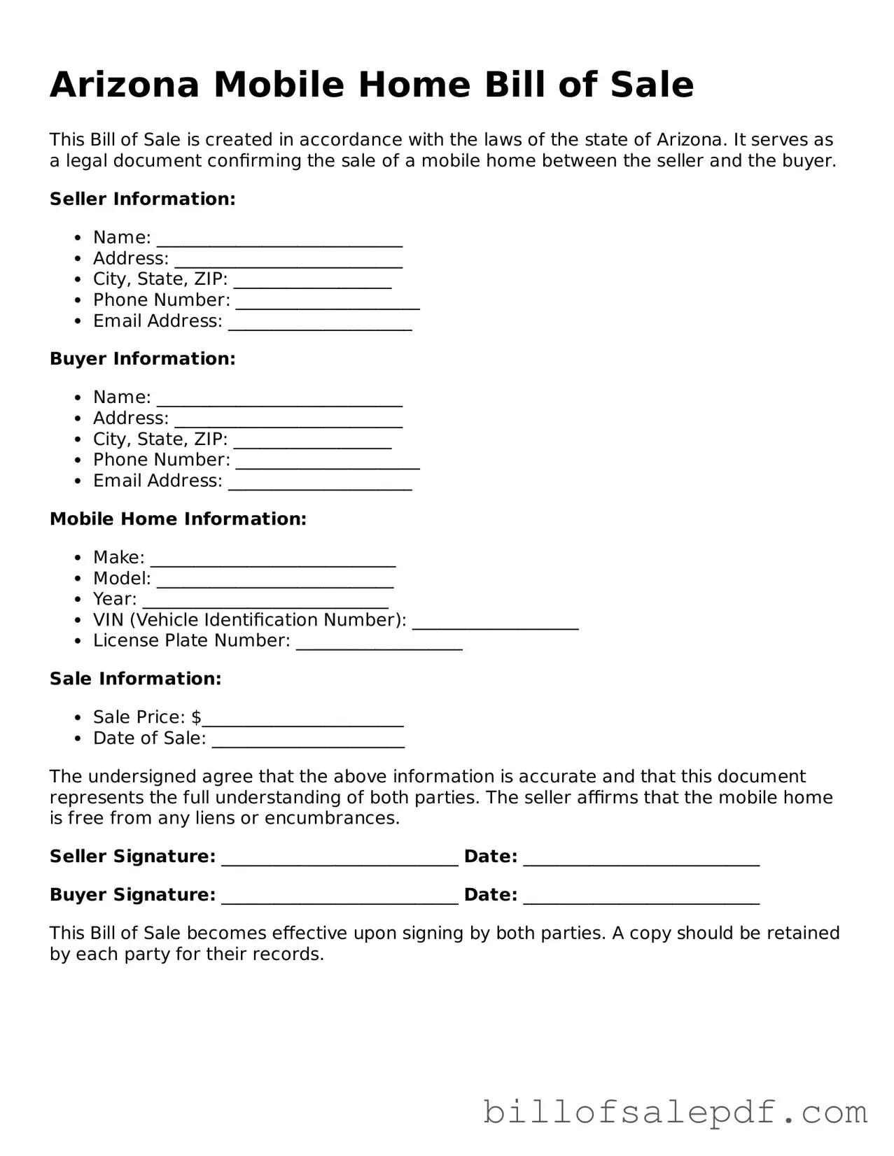 Legal Arizona Mobile Home Bill of Sale Form