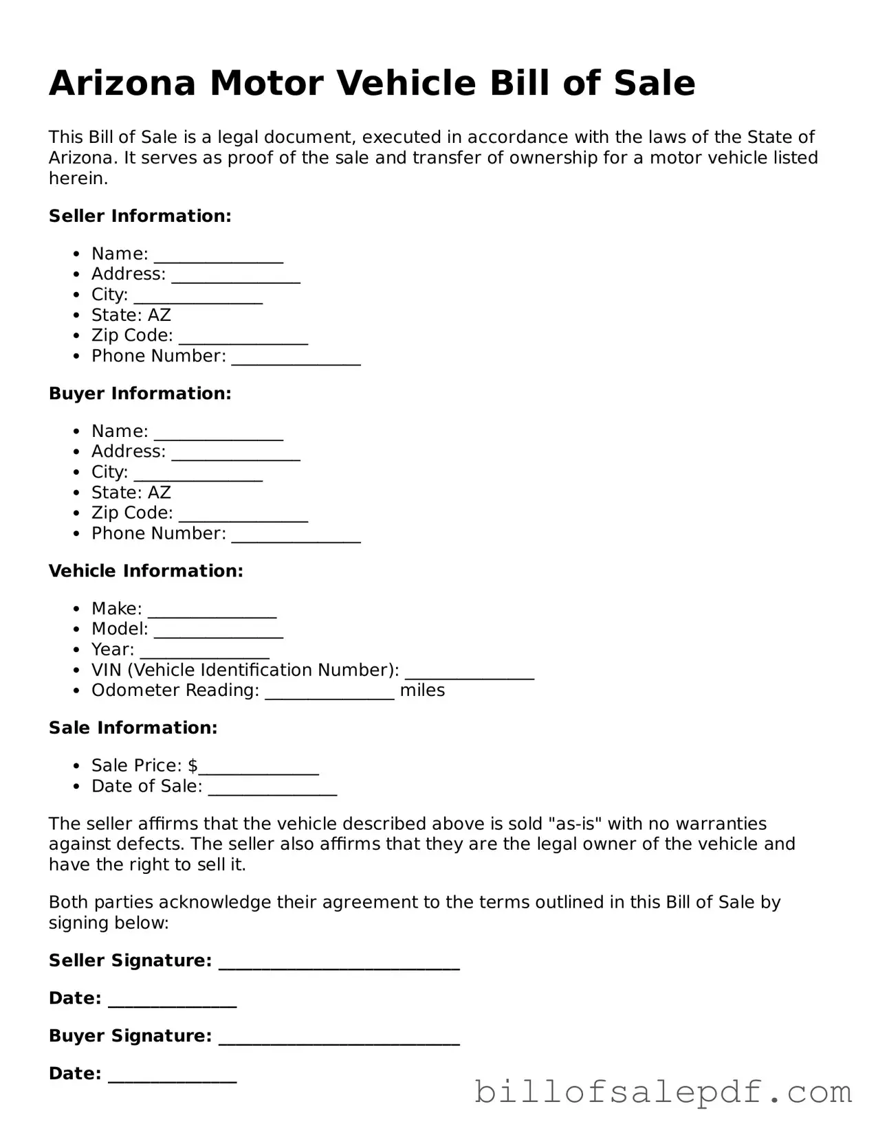 Legal Arizona Motor Vehicle Bill of Sale Form