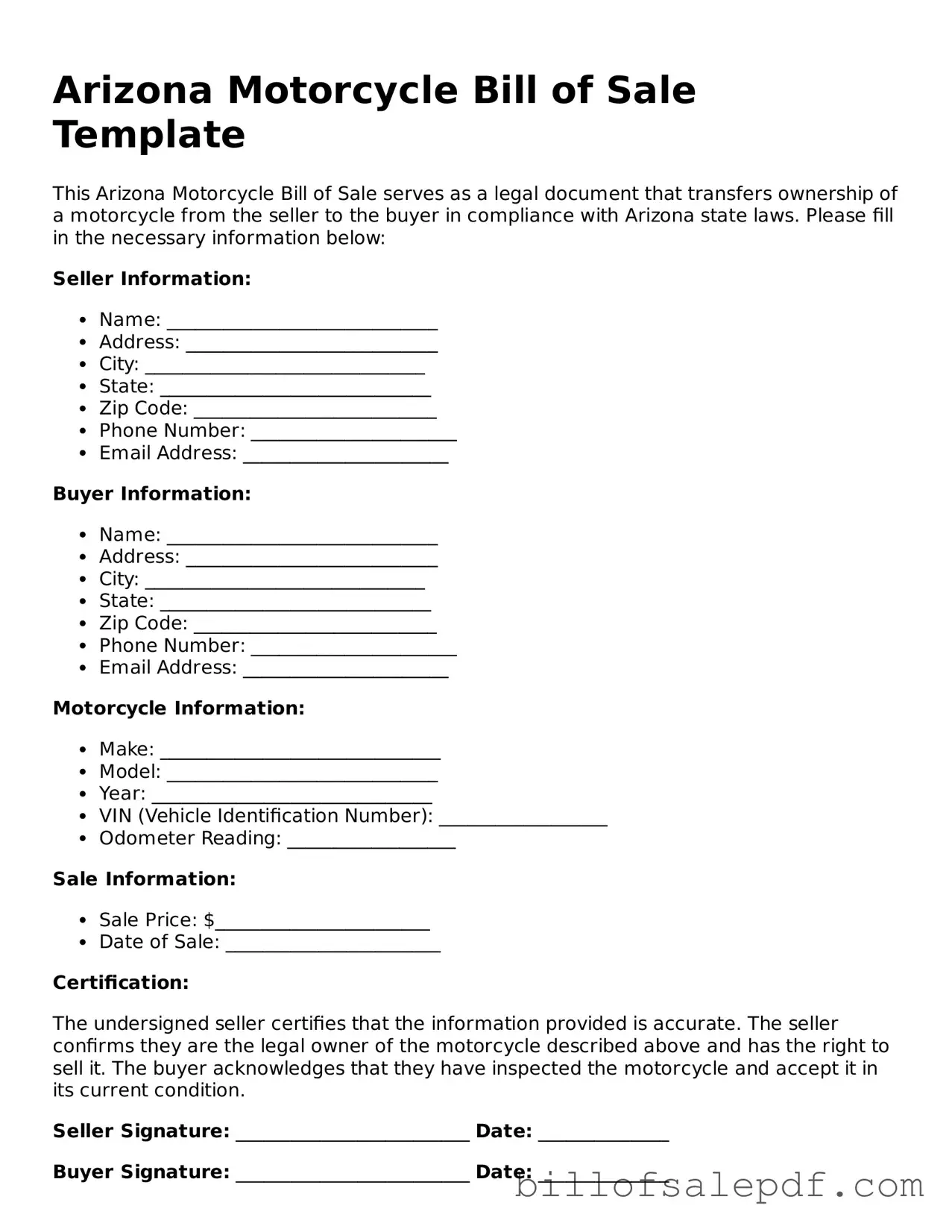 Legal Arizona Motorcycle Bill of Sale Form