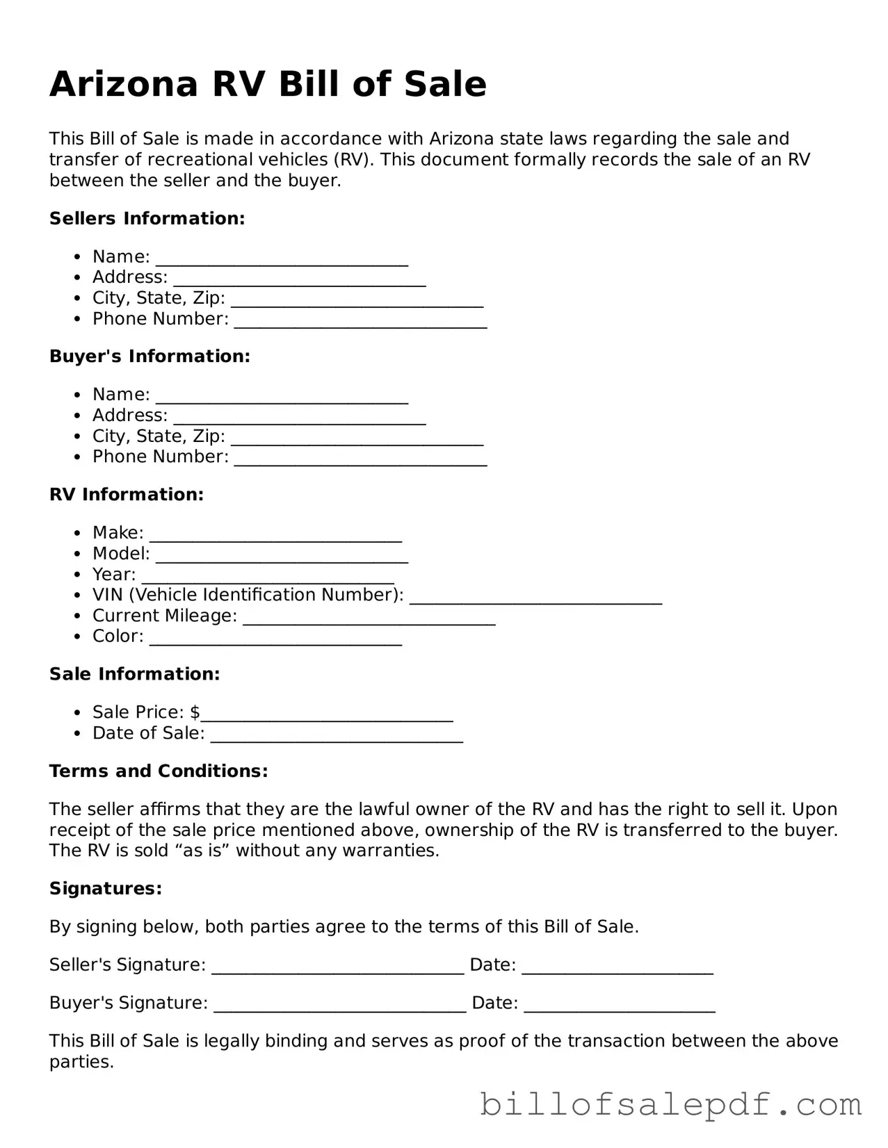 Legal Arizona RV Bill of Sale Form