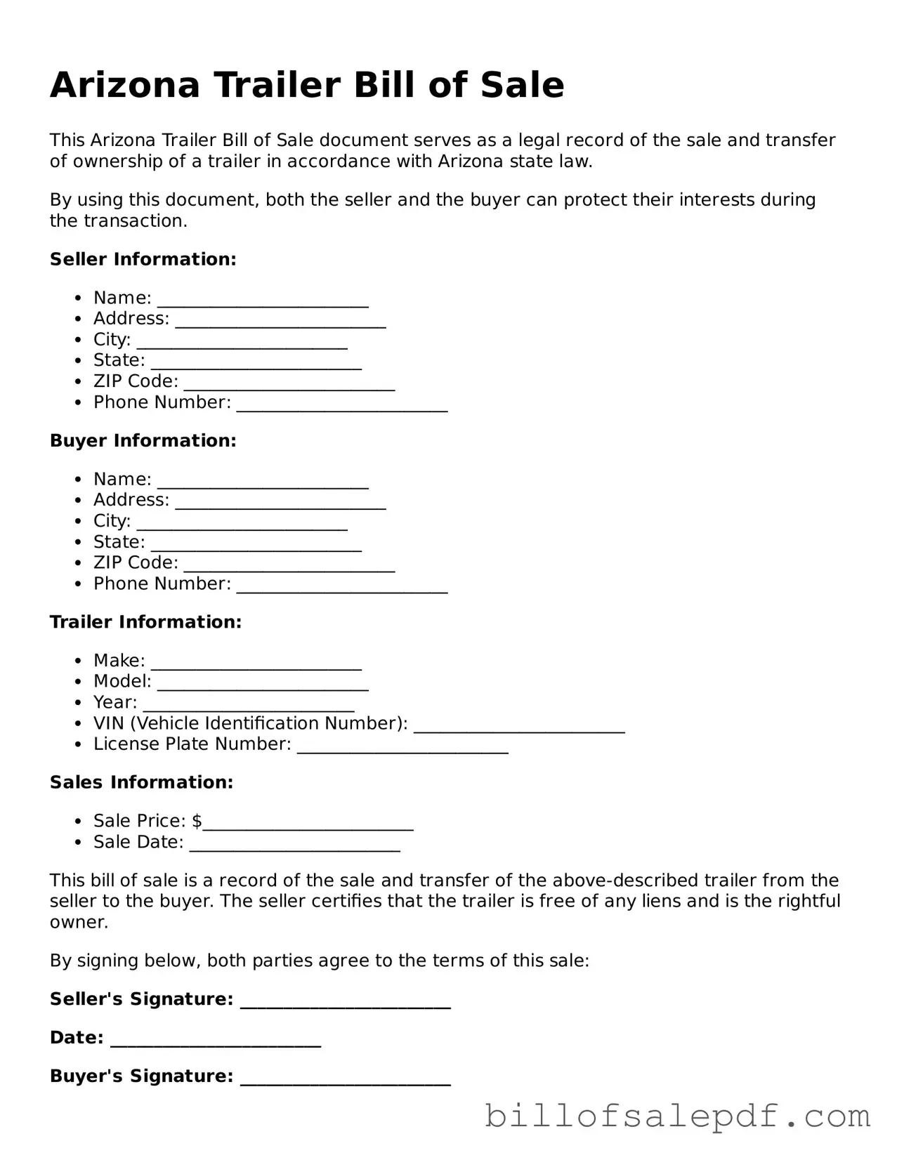 Legal Arizona Trailer Bill of Sale Form