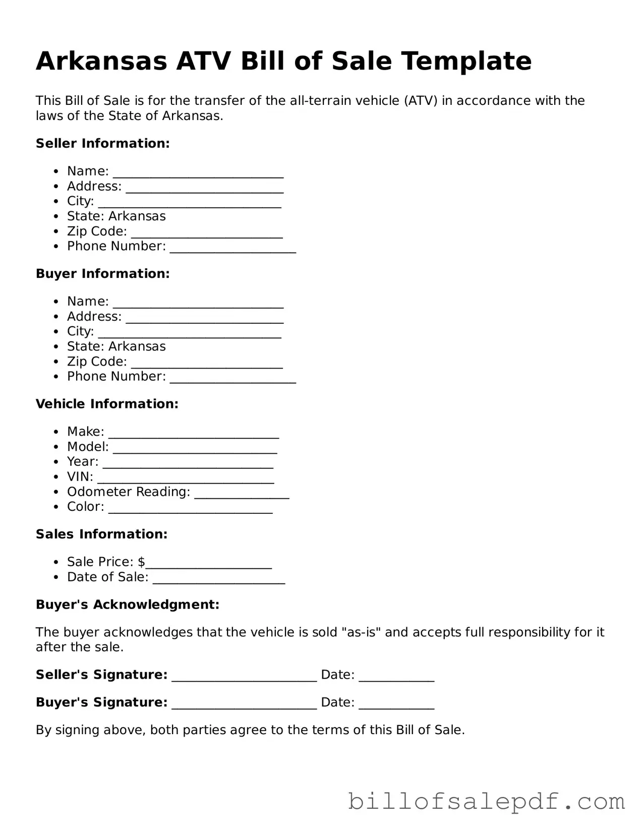 Legal Arkansas ATV Bill of Sale Form