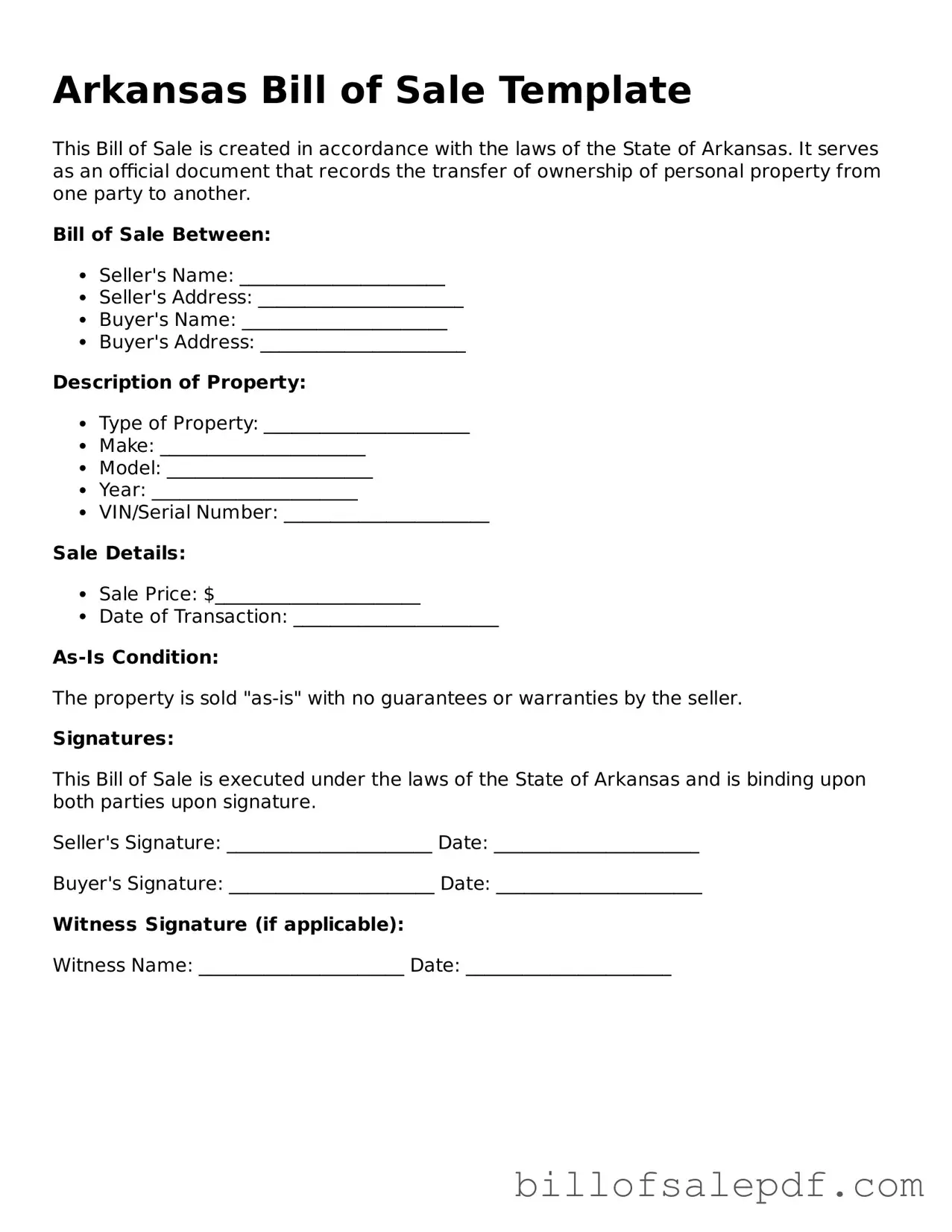 Legal Arkansas Bill of Sale Form