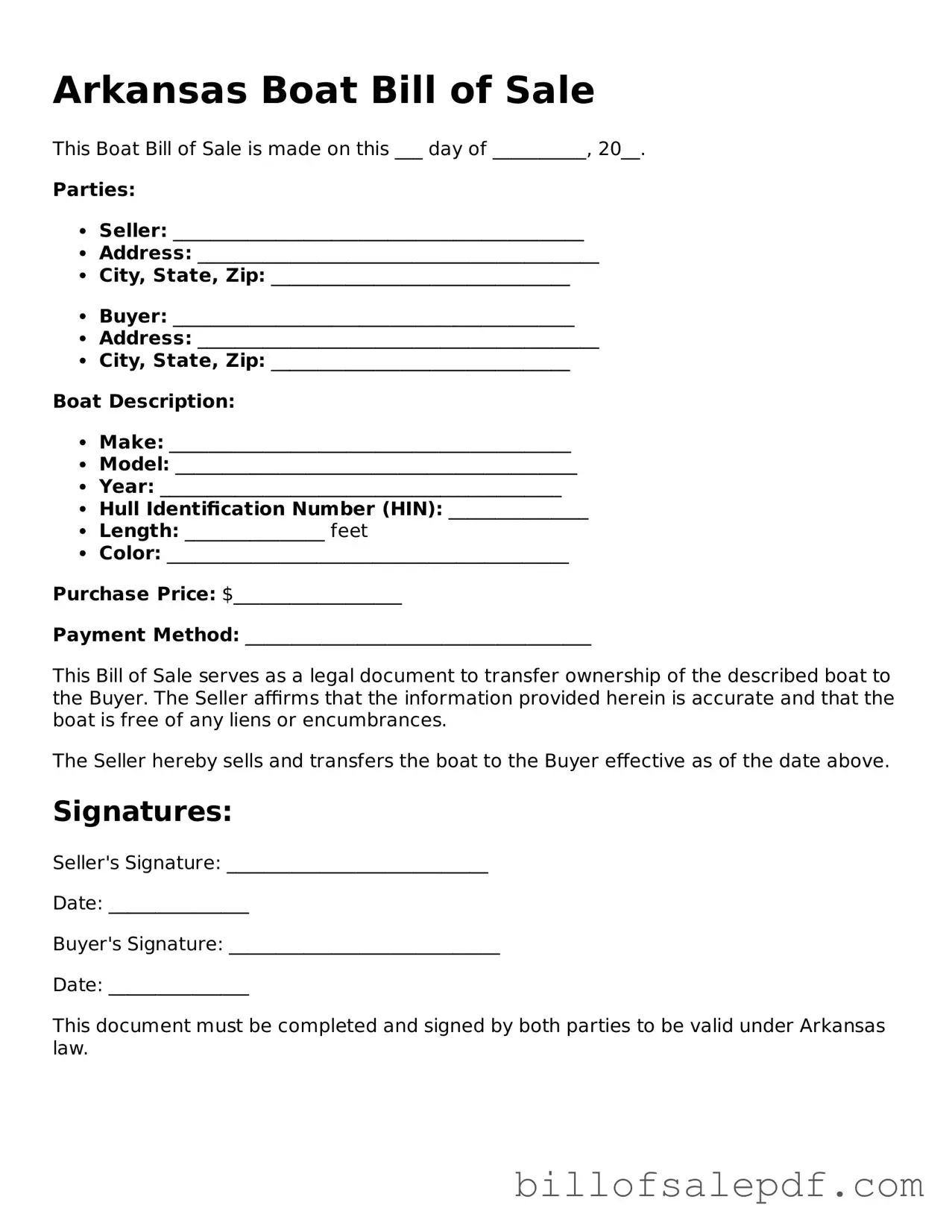 Legal Arkansas Boat Bill of Sale Form