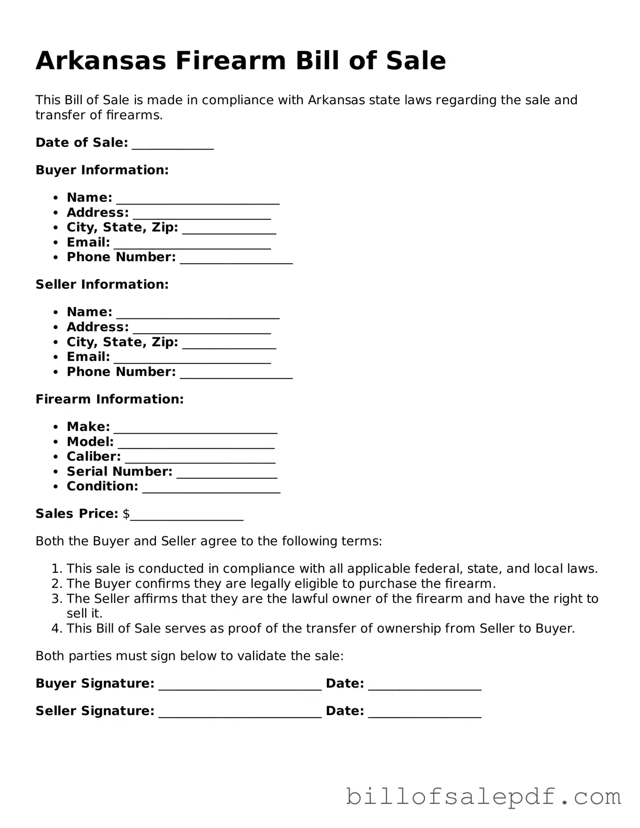 Legal Arkansas Firearm Bill of Sale Form