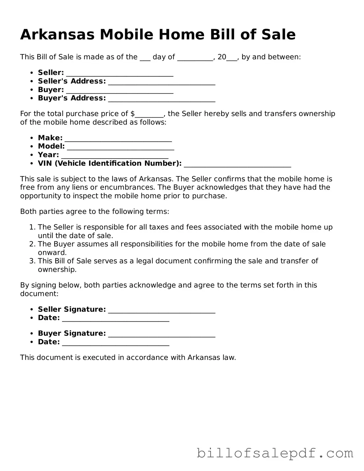 Legal Arkansas Mobile Home Bill of Sale Form