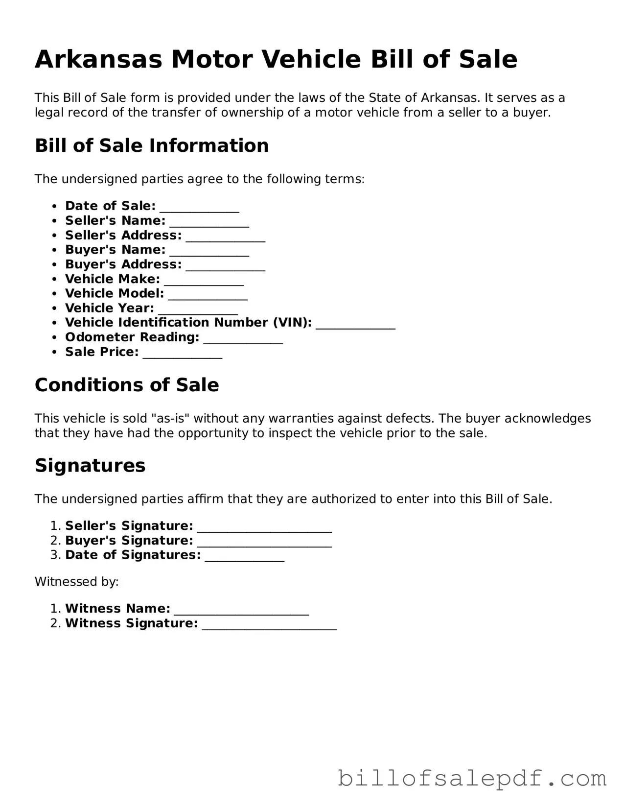 Legal Arkansas Motor Vehicle Bill of Sale Form