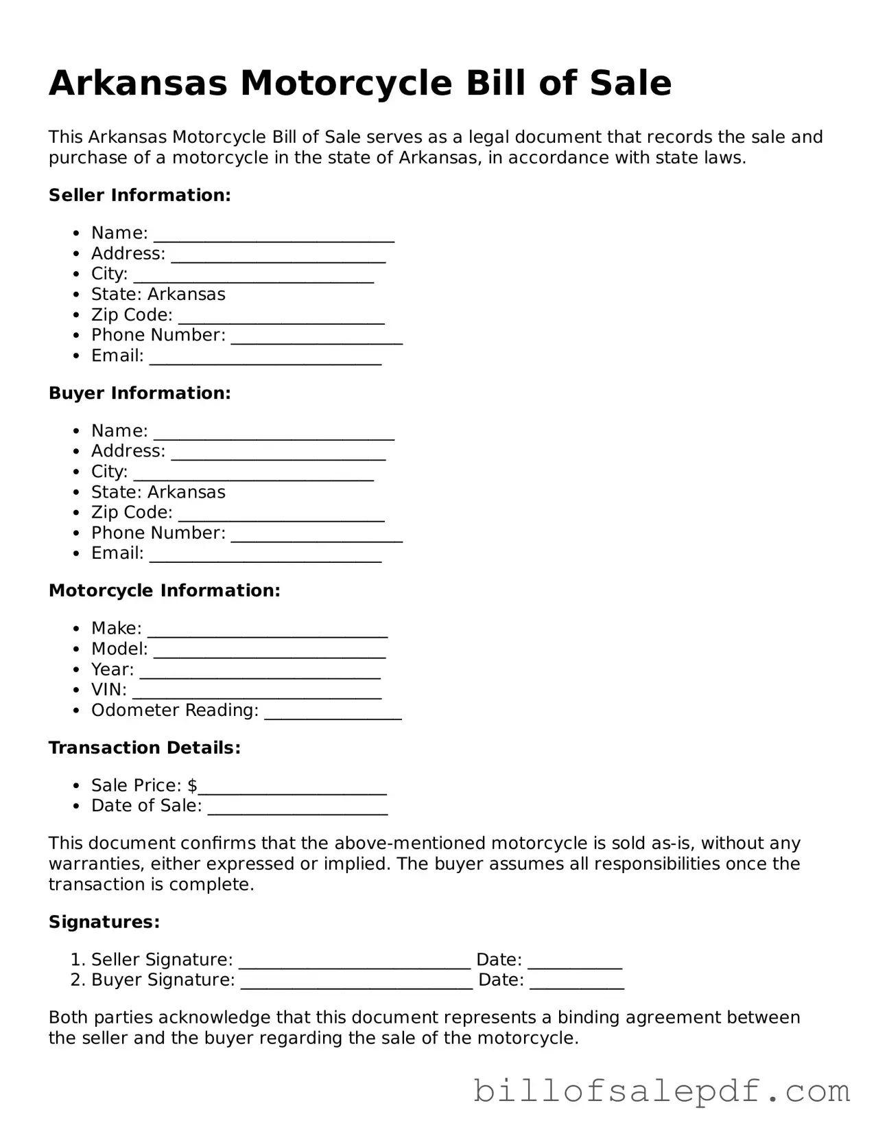 Legal Arkansas Motorcycle Bill of Sale Form