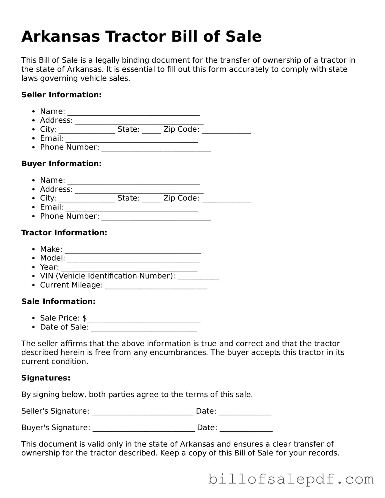 Legal Arkansas Tractor Bill of Sale Form