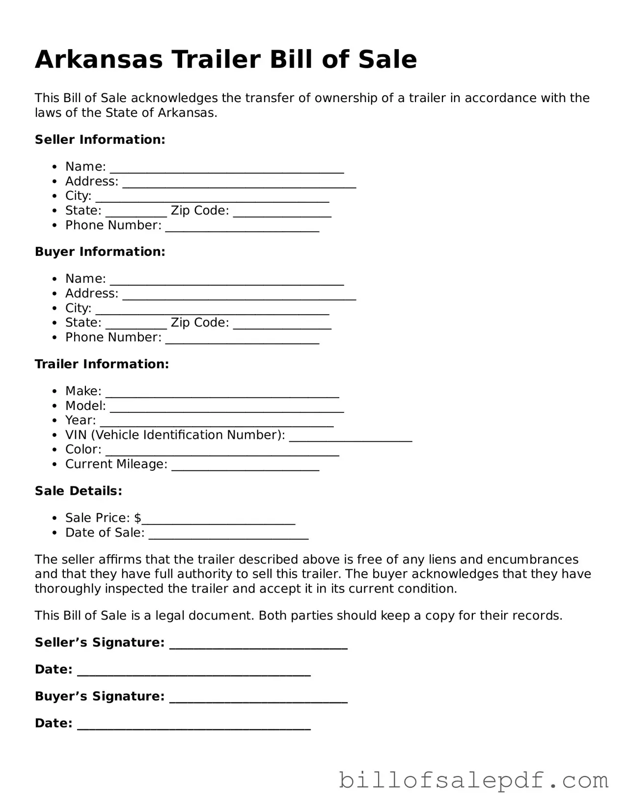Legal Arkansas Trailer Bill of Sale Form