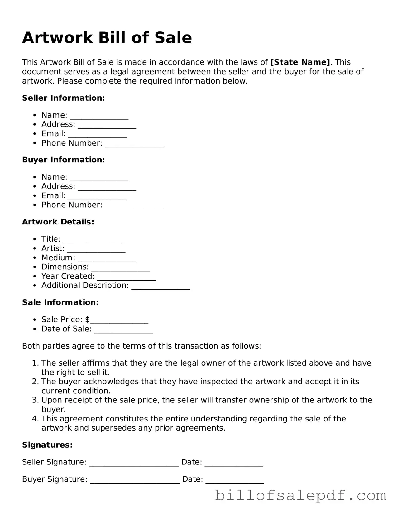 Fillable Artwork Bill of Sale Document