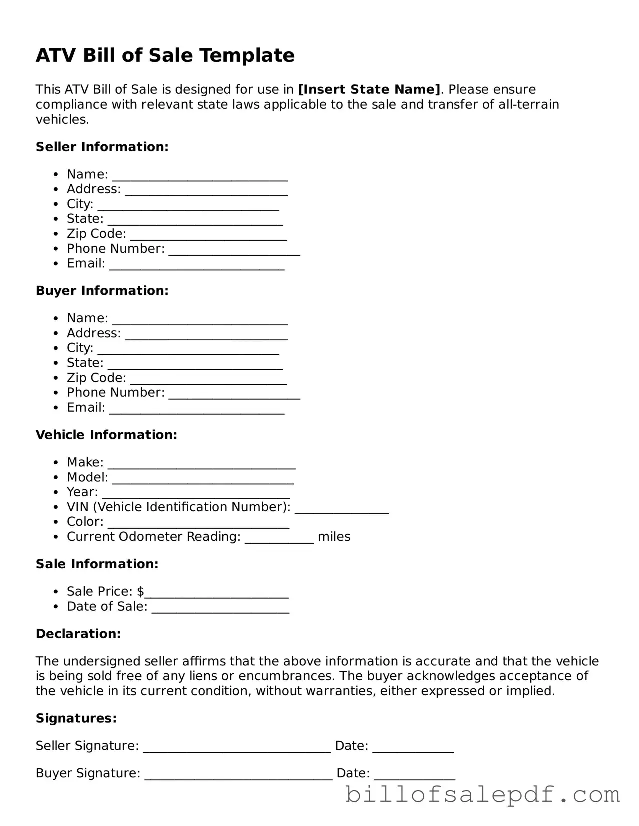 Fillable ATV Bill of Sale Document