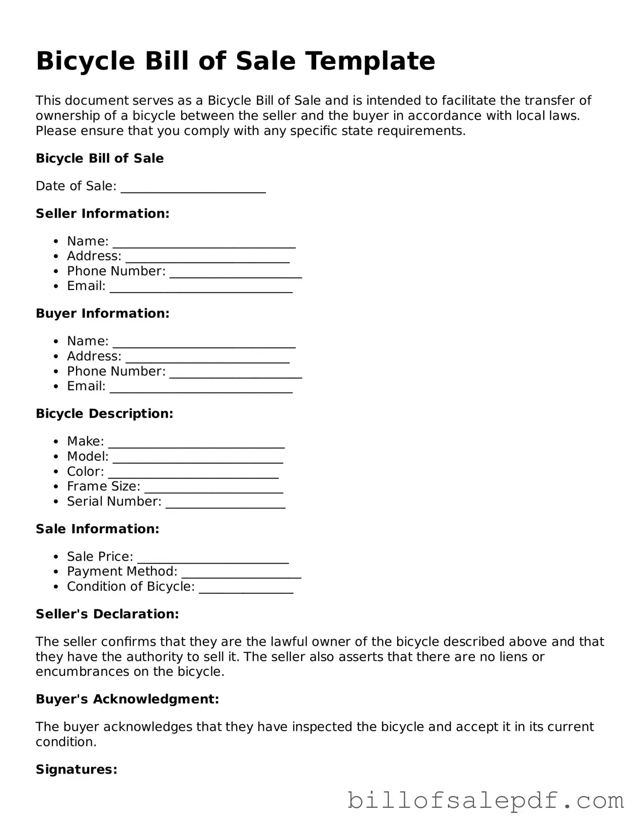 Fillable Bicycle Bill of Sale Document