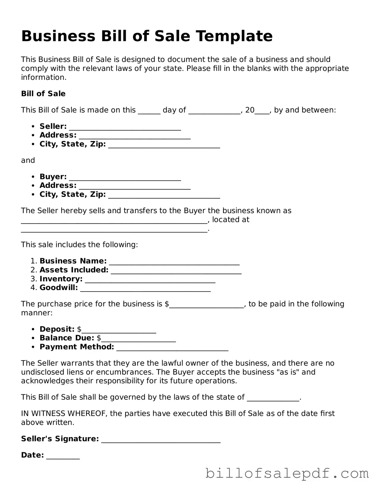 Fillable Business Bill of Sale Document