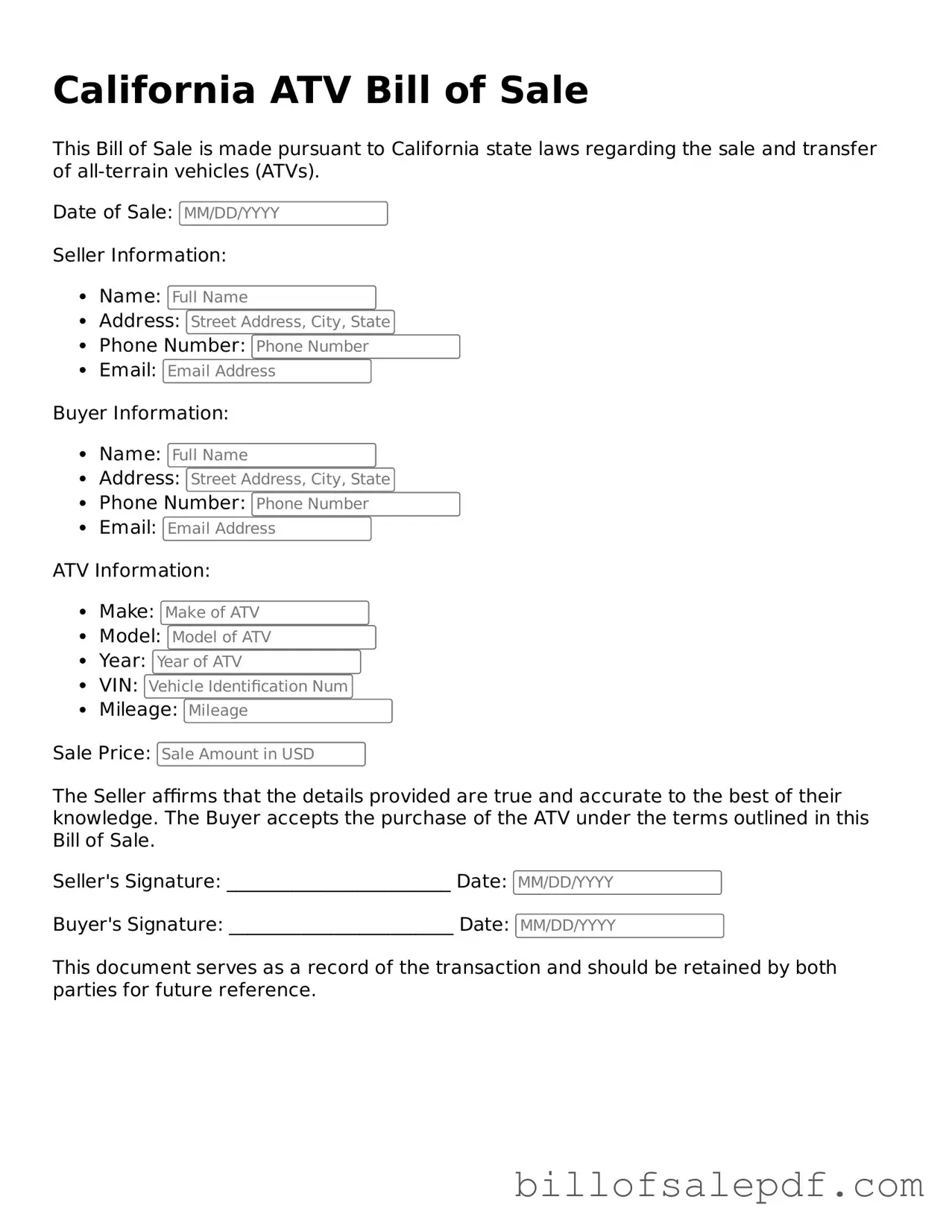 Legal California ATV Bill of Sale Form