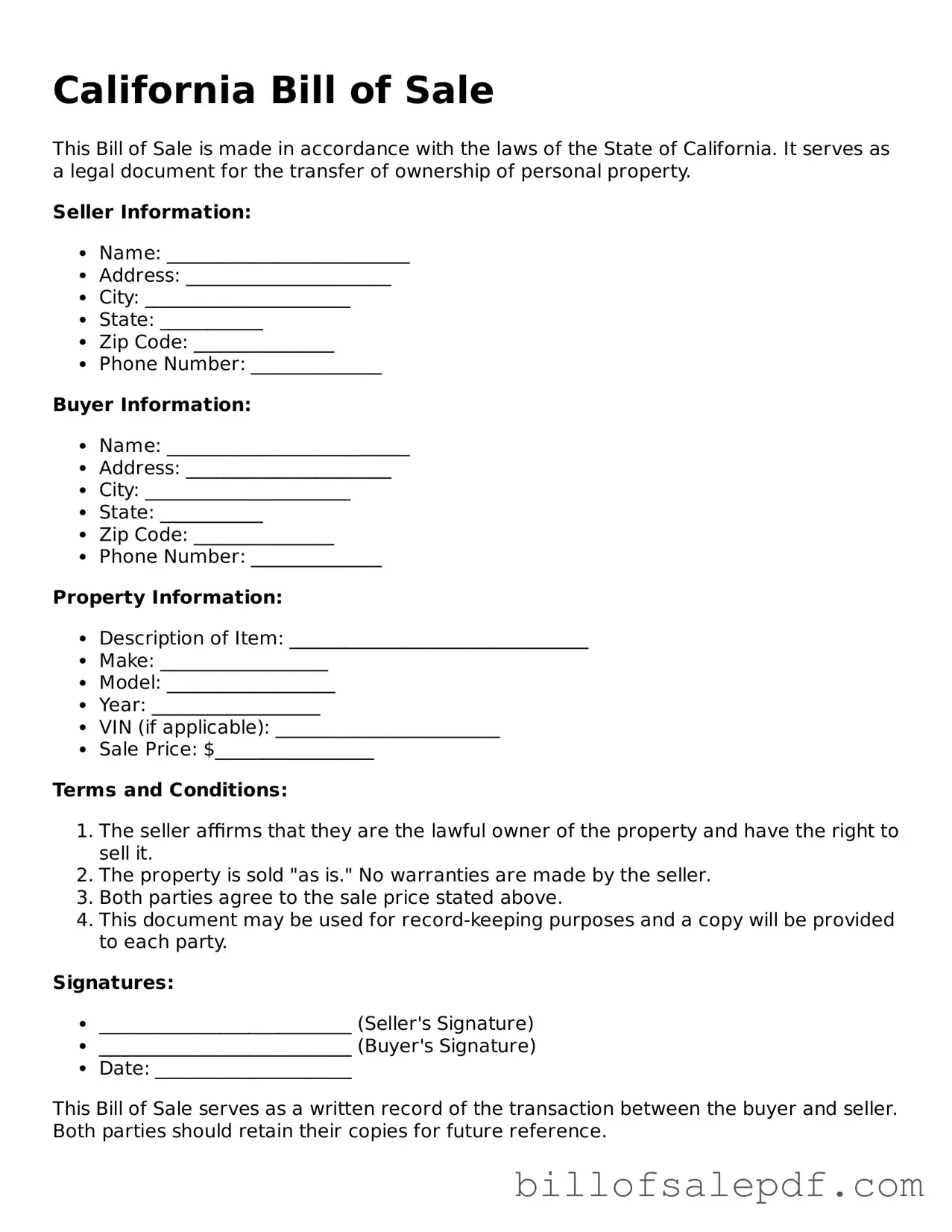 Legal California Bill of Sale Form