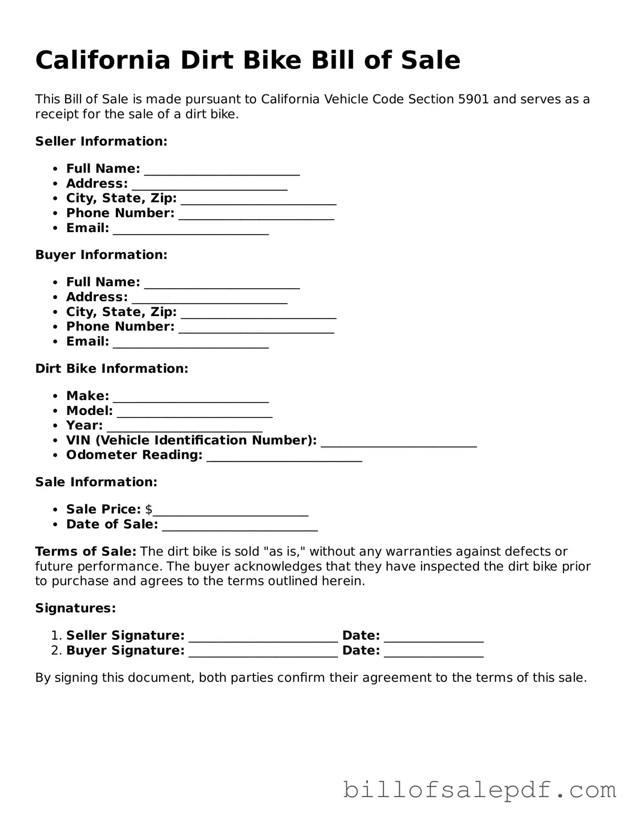Legal California Dirt Bike Bill of Sale Form