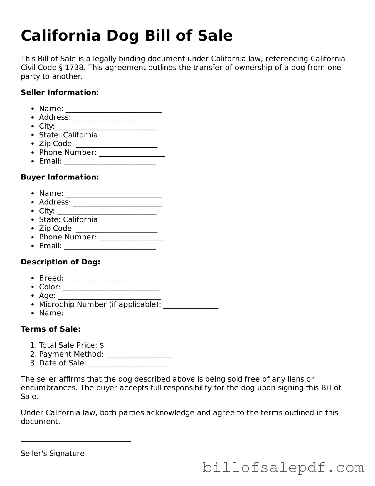 Legal California Dog Bill of Sale Form