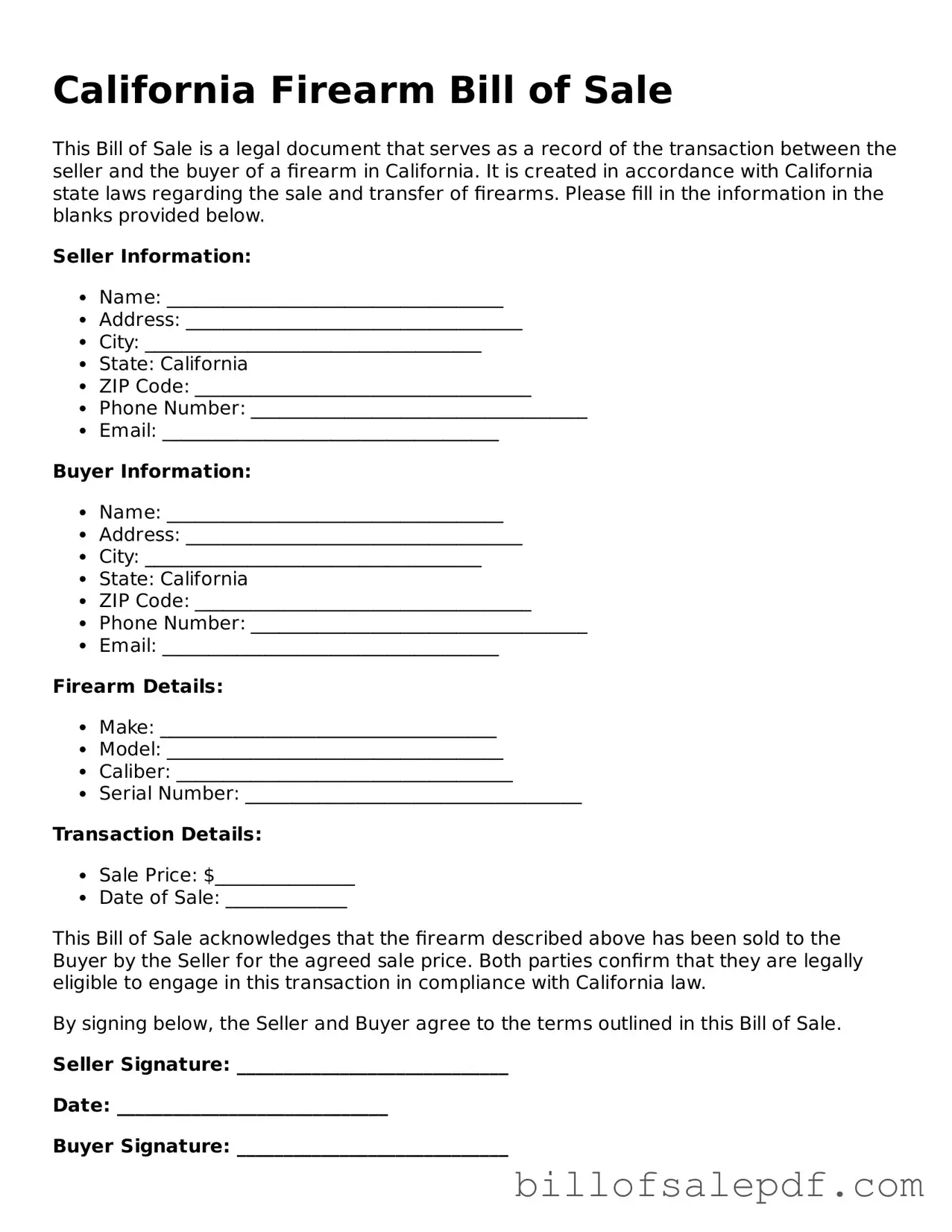 Legal California Firearm Bill of Sale Form