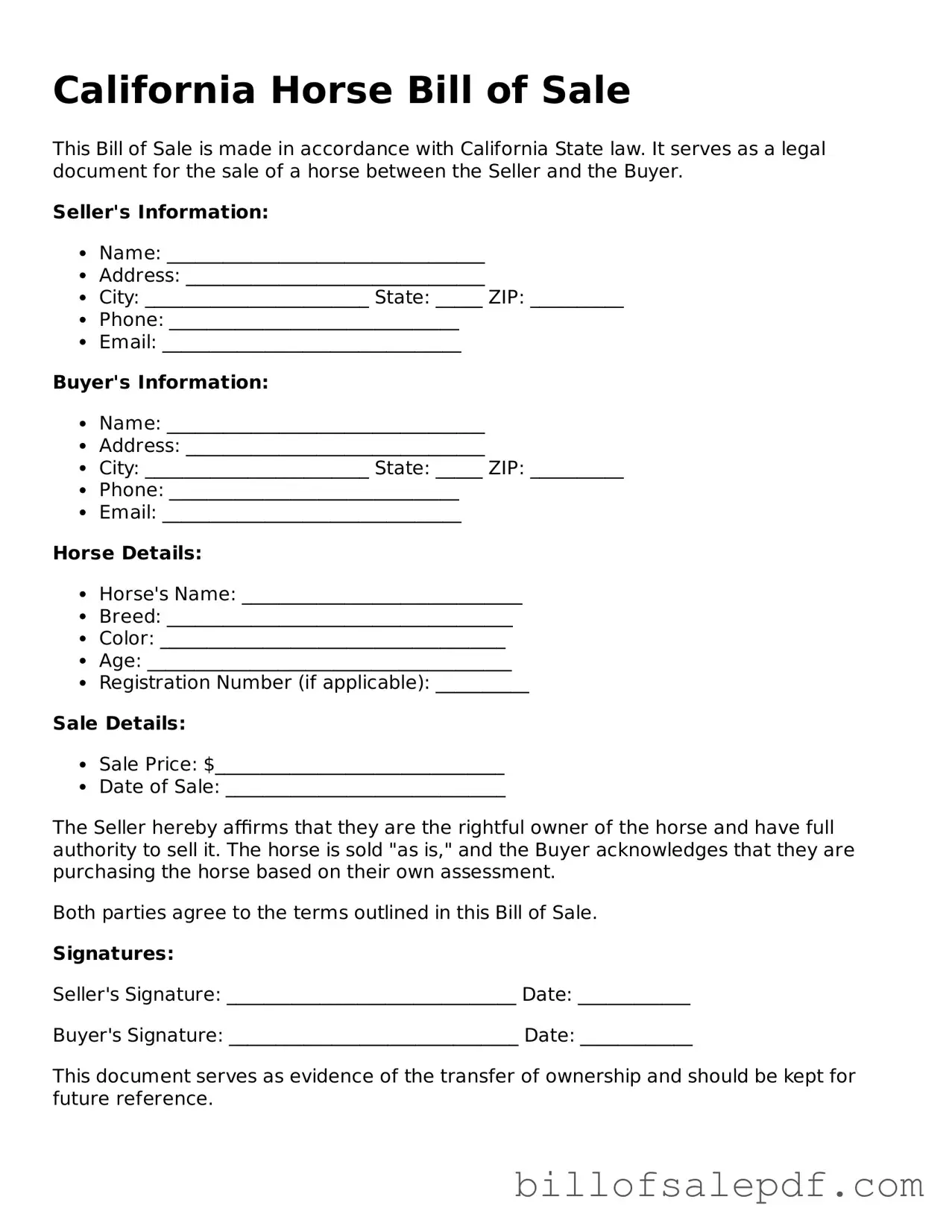 Legal California Horse Bill of Sale Form