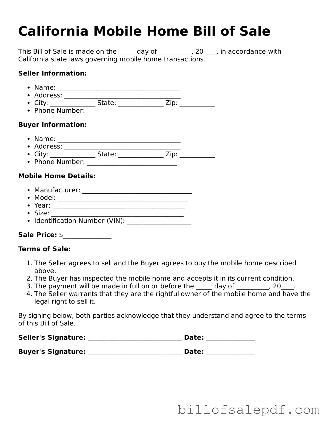 Legal California Mobile Home Bill of Sale Form