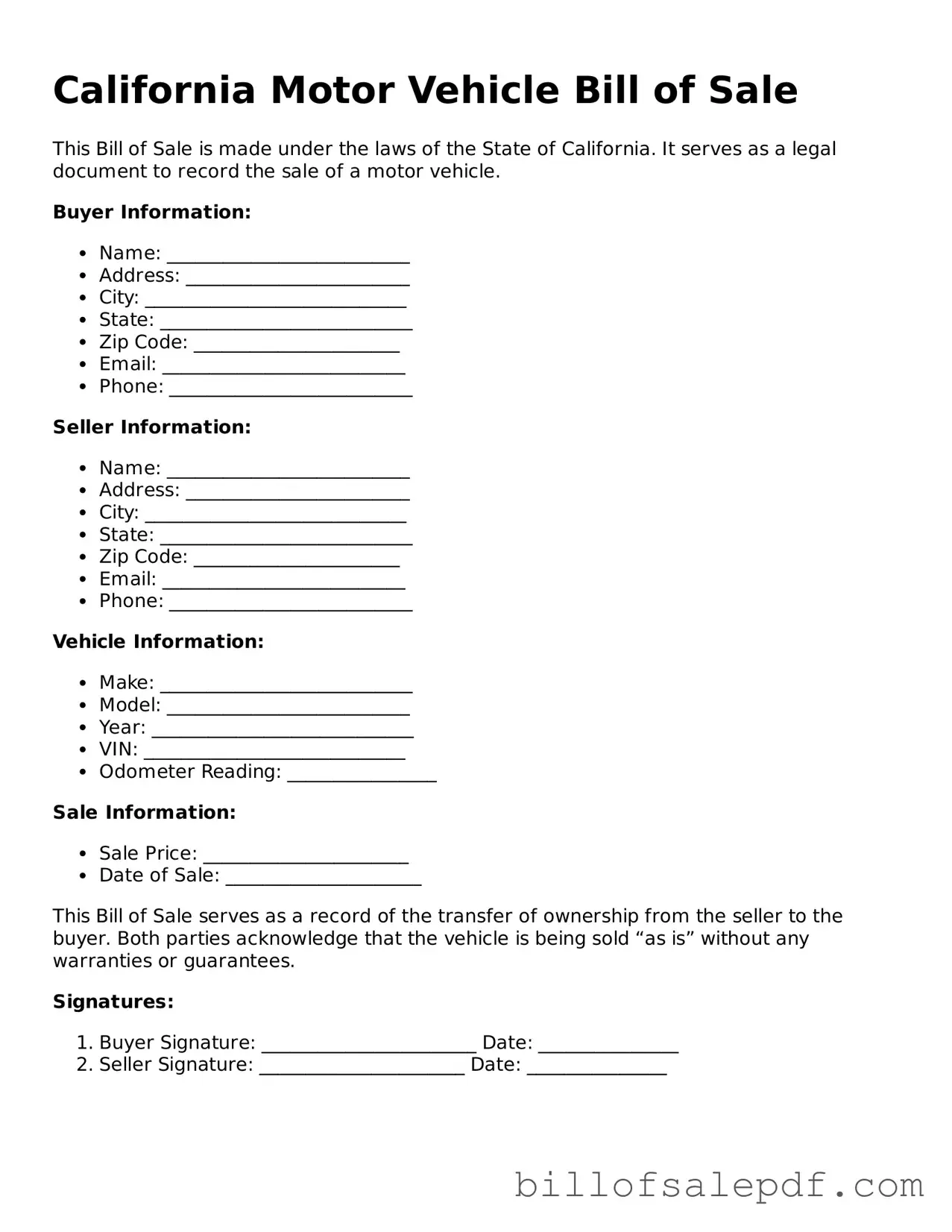 Legal California Motor Vehicle Bill of Sale Form